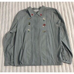 VTG Stonybrook Long Sleeve Embroidered Button Down Shirt Green Gingham Garden 10